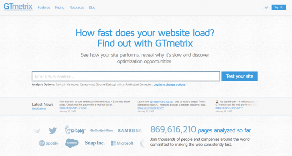 gtmetrix homepage