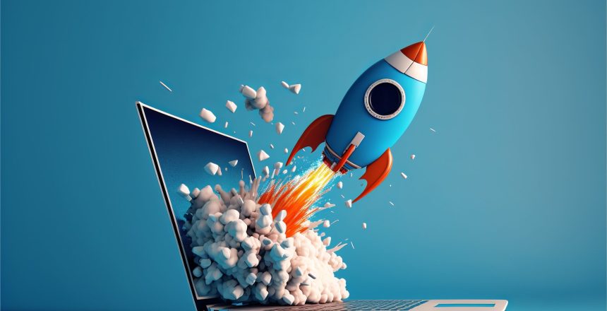 laptop with rocket coming out of it